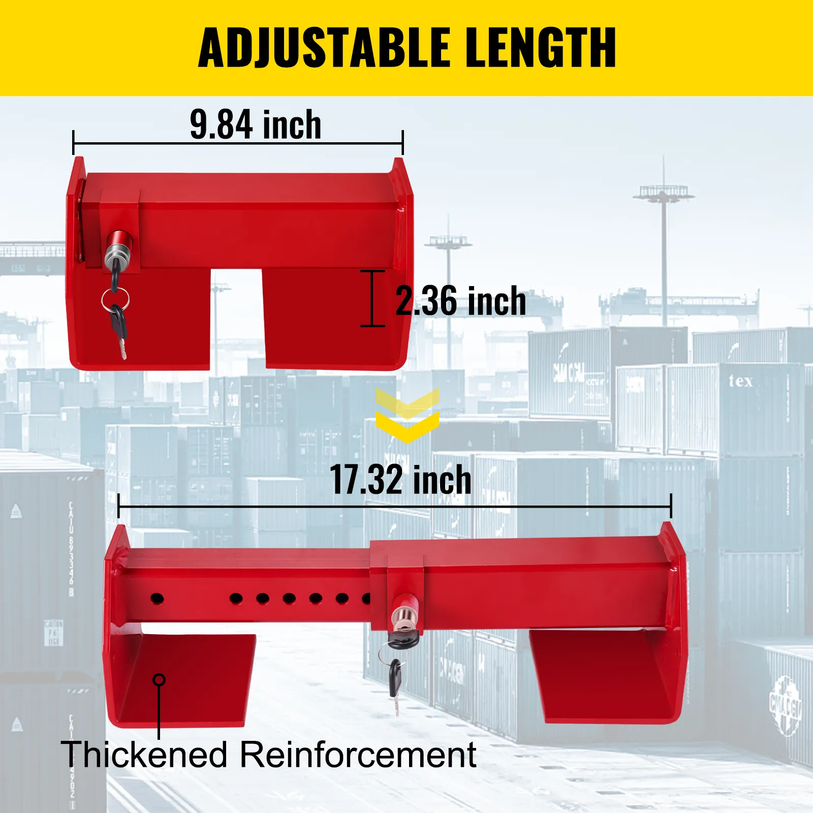 red VEVOR cargo container lock with adjustable length up to 17.32 inches.