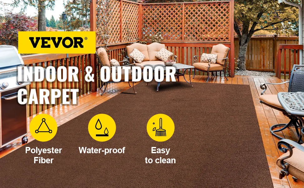 VEVOR marine carpet on a wooden deck with outdoor furniture and grill.