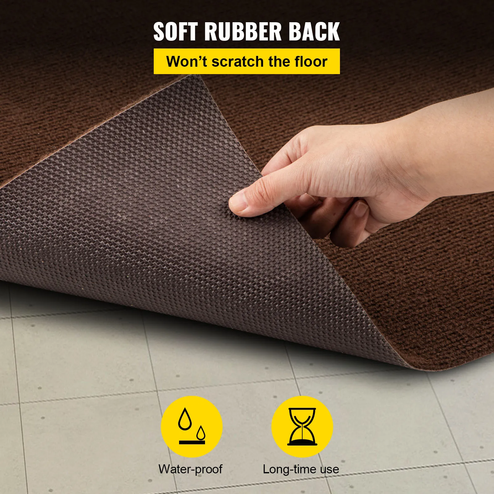 hand lifting VEVOR marine carpet showing soft rubber back, waterproof, and long-time use.