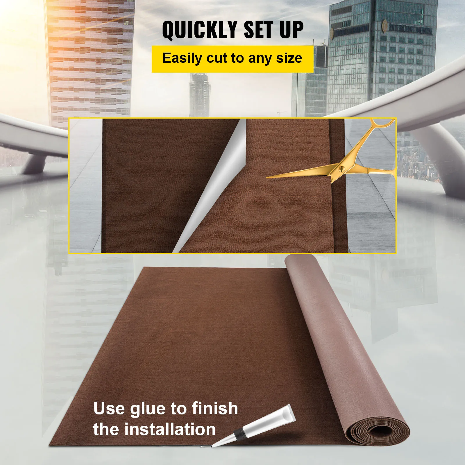 VEVOR marine carpet, easy to cut and install using glue, shown with scissors and adhesive.