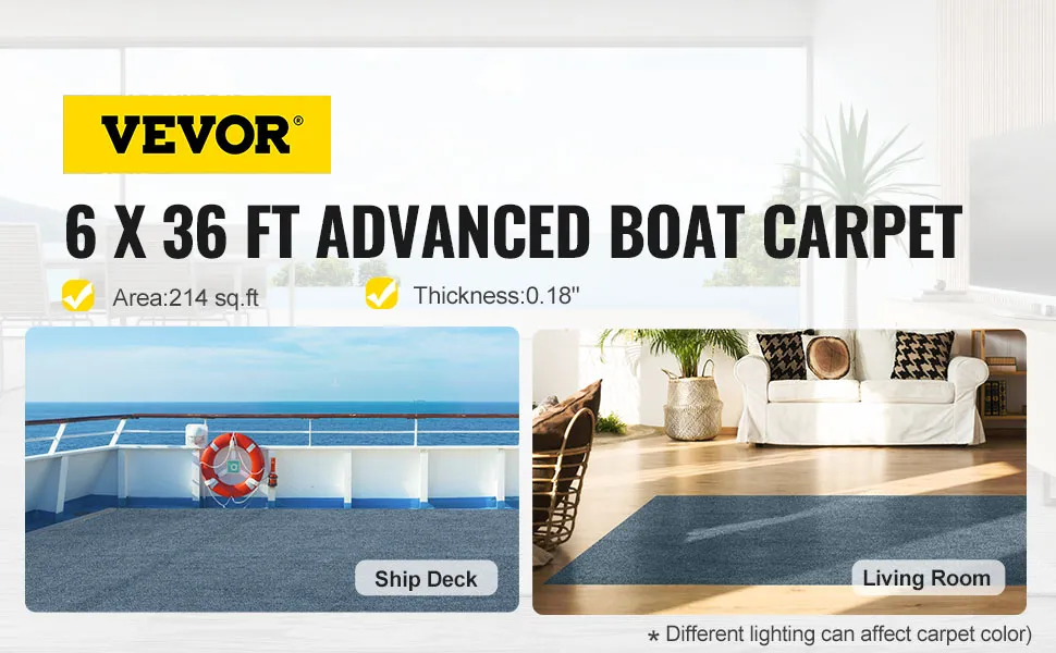 VEVOR marine carpet displayed on ship deck and living room with area and thickness details.