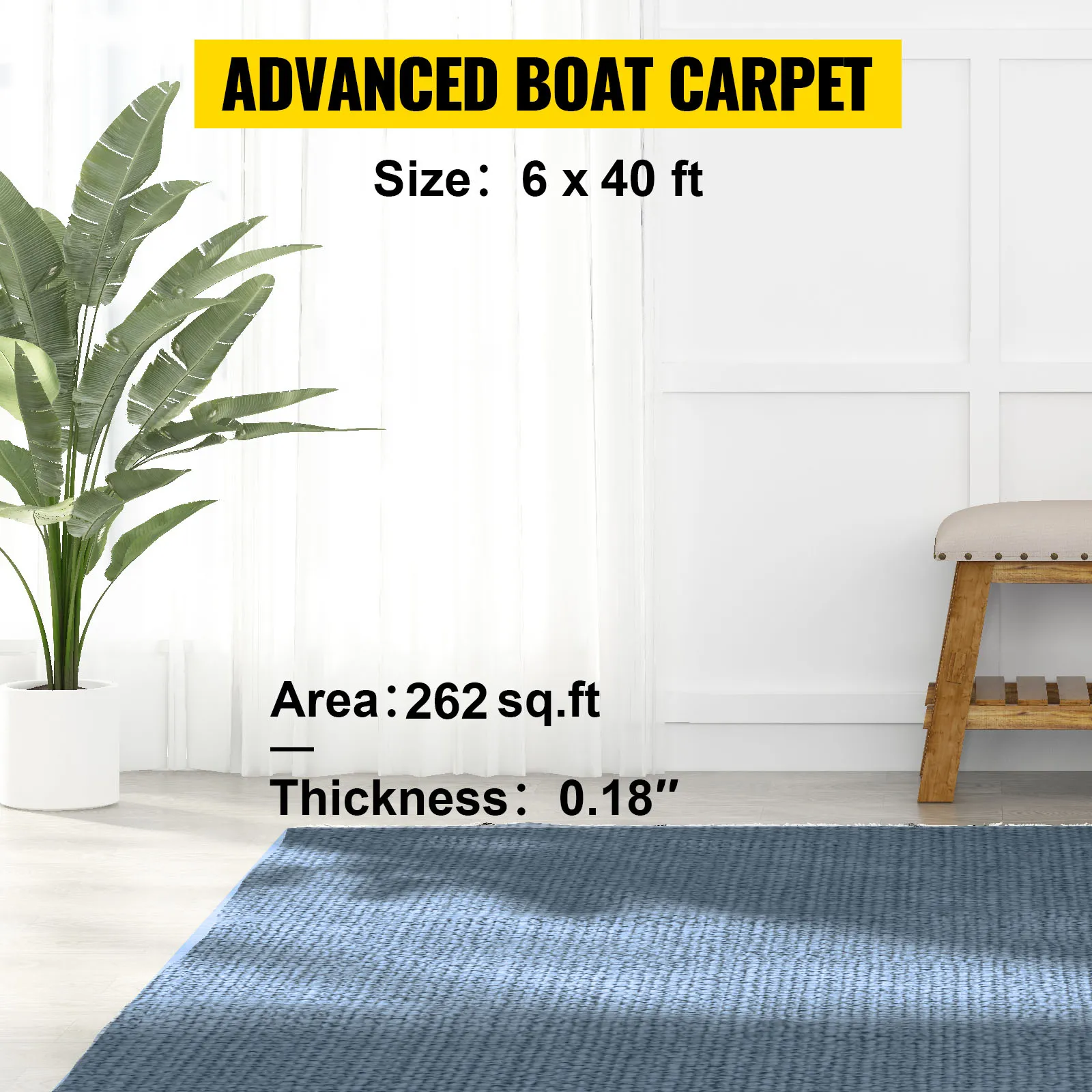 VEVOR marine carpet in blue, 6x40 ft, 262 sq.ft area, and 0.18" thickness, in a room