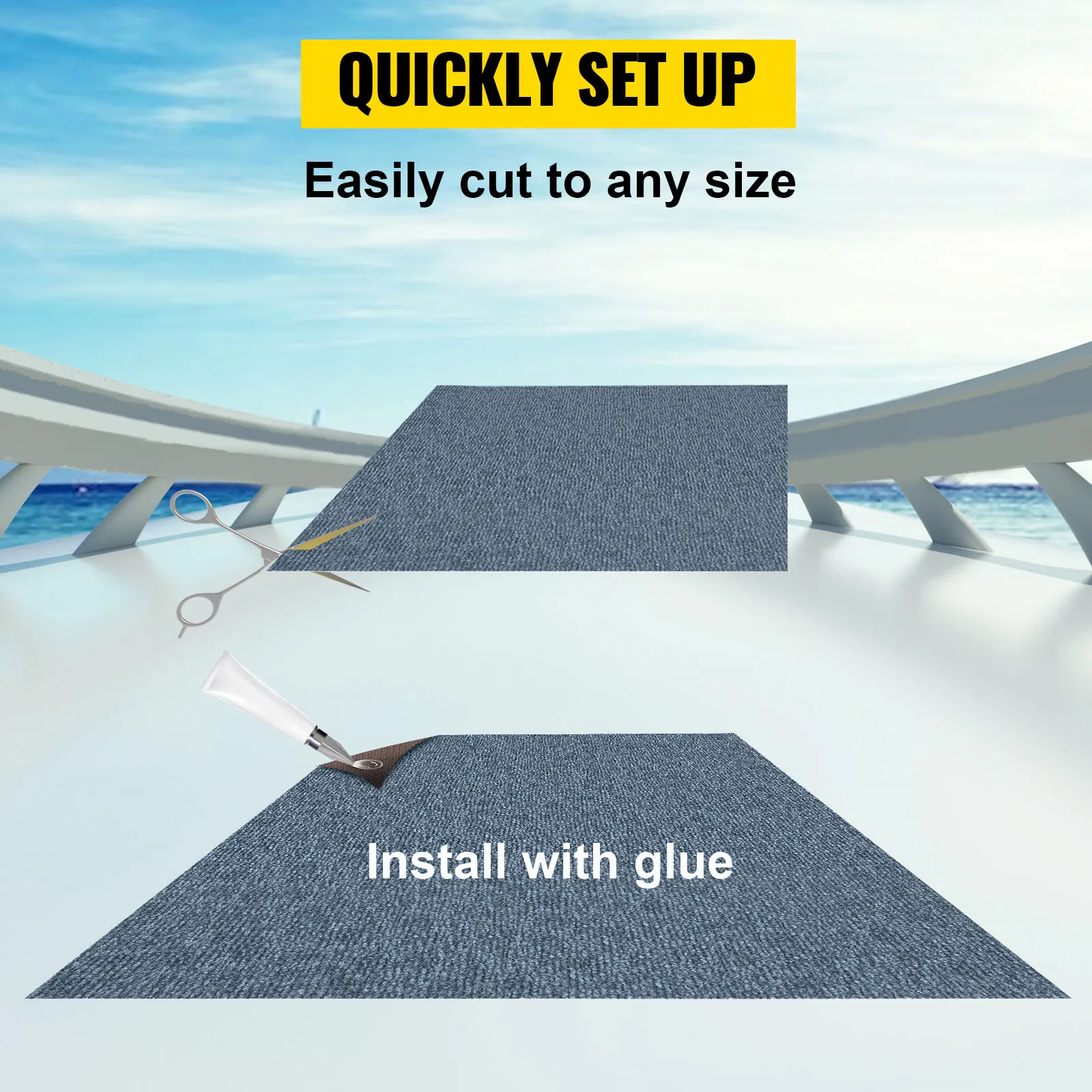 VEVOR marine carpet: easily cut to size, quick setup with glue on boat deck.