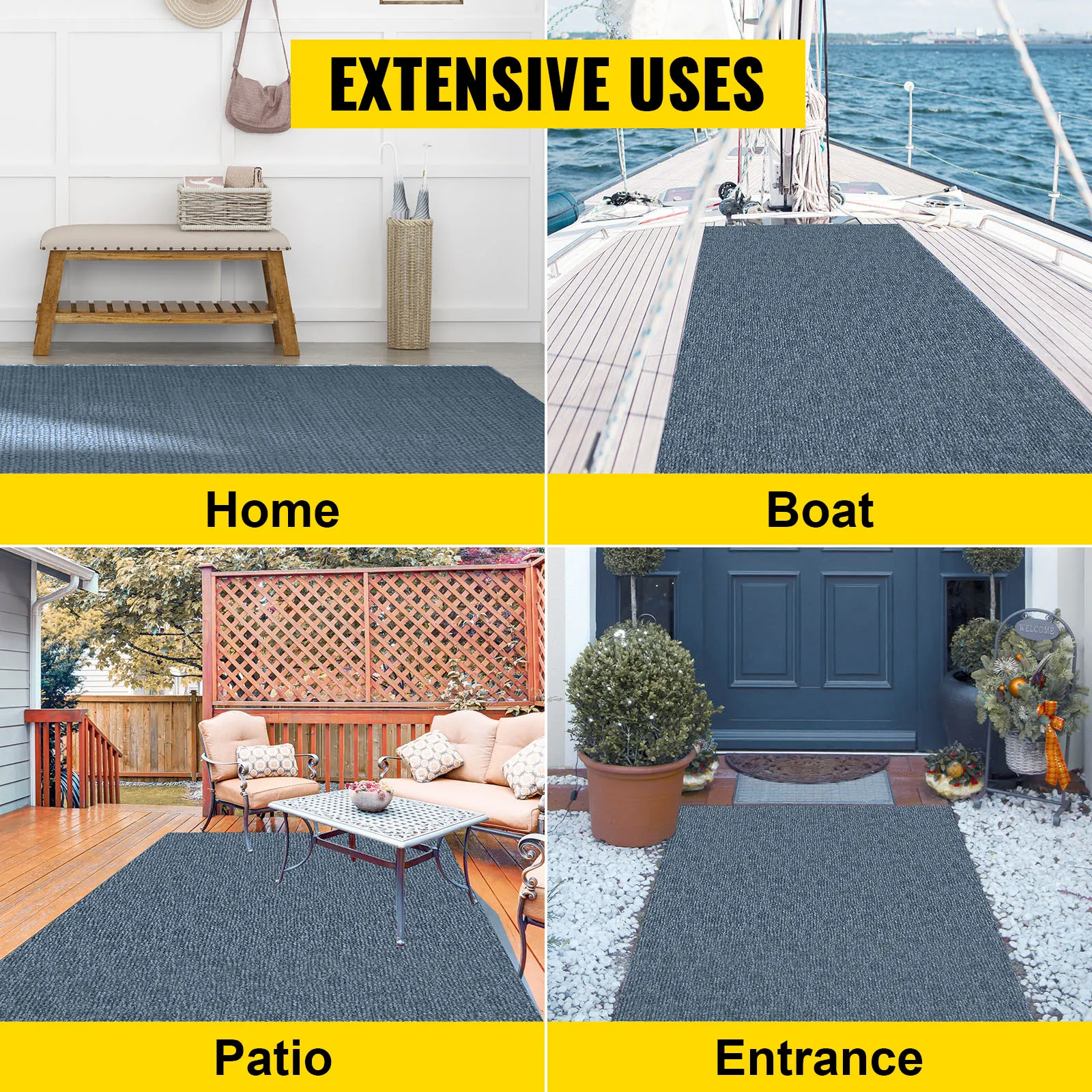 VEVOR marine carpet for home, boat, patio, and entrance showcasing extensive uses.