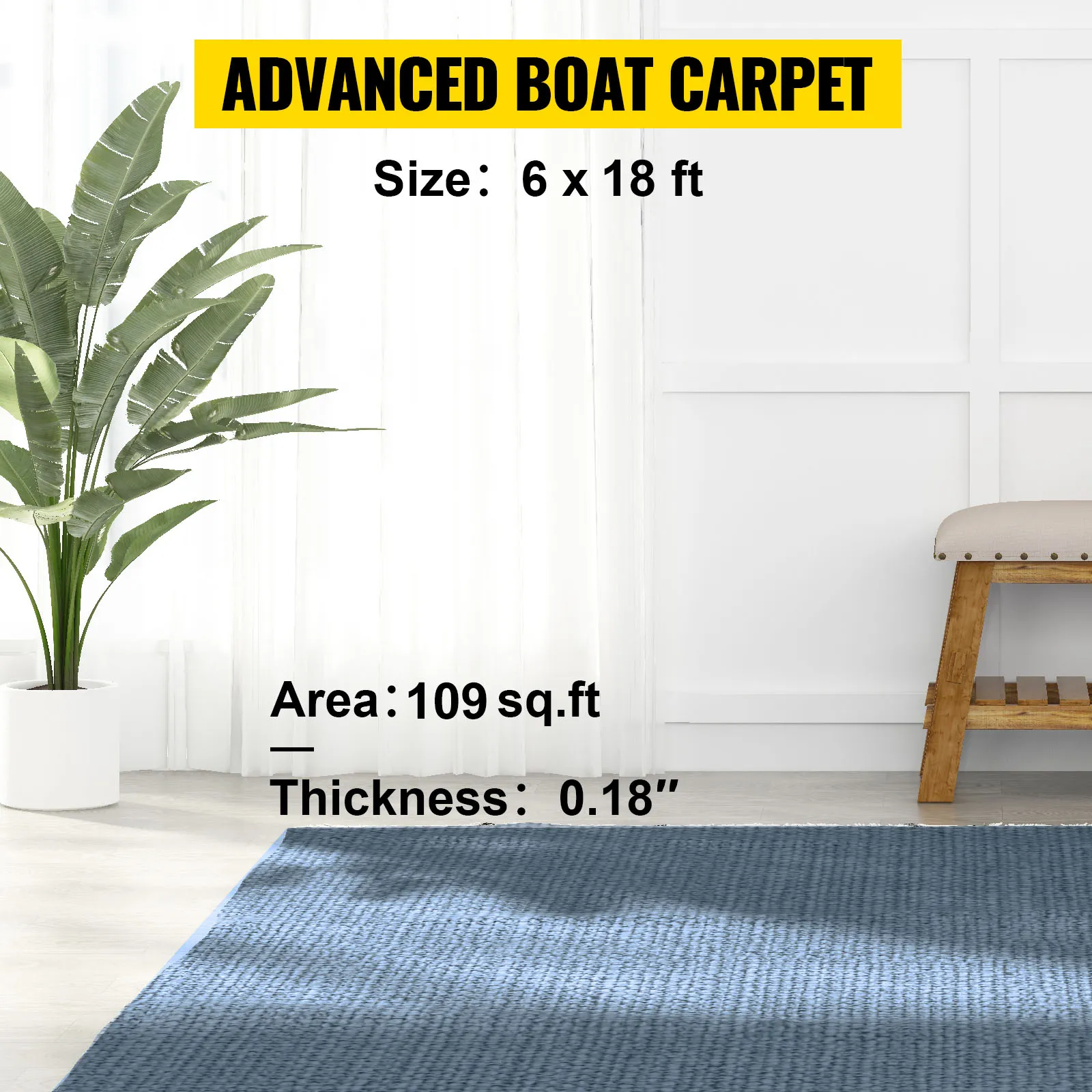 VEVOR marine carpet in blue, 6 x 18 ft, decorates modern room with plant and bench.