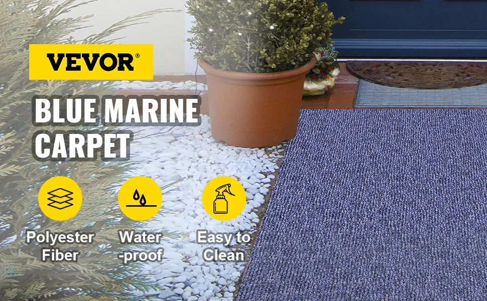 VEVOR marine carpet by a door, with icons showing polyester fiber, waterproof, easy to clean.