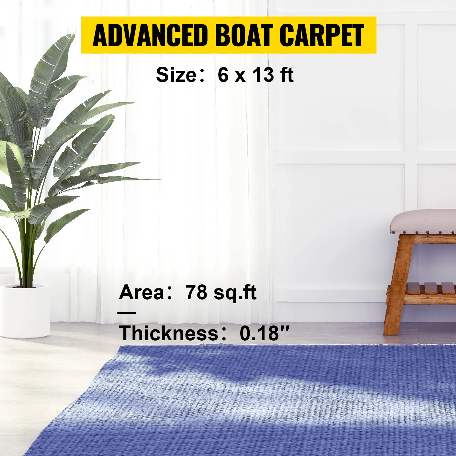 VEVOR marine carpet, blue, 6x13 ft, area 78 sq.ft, 0.18” thickness, decor with plant.