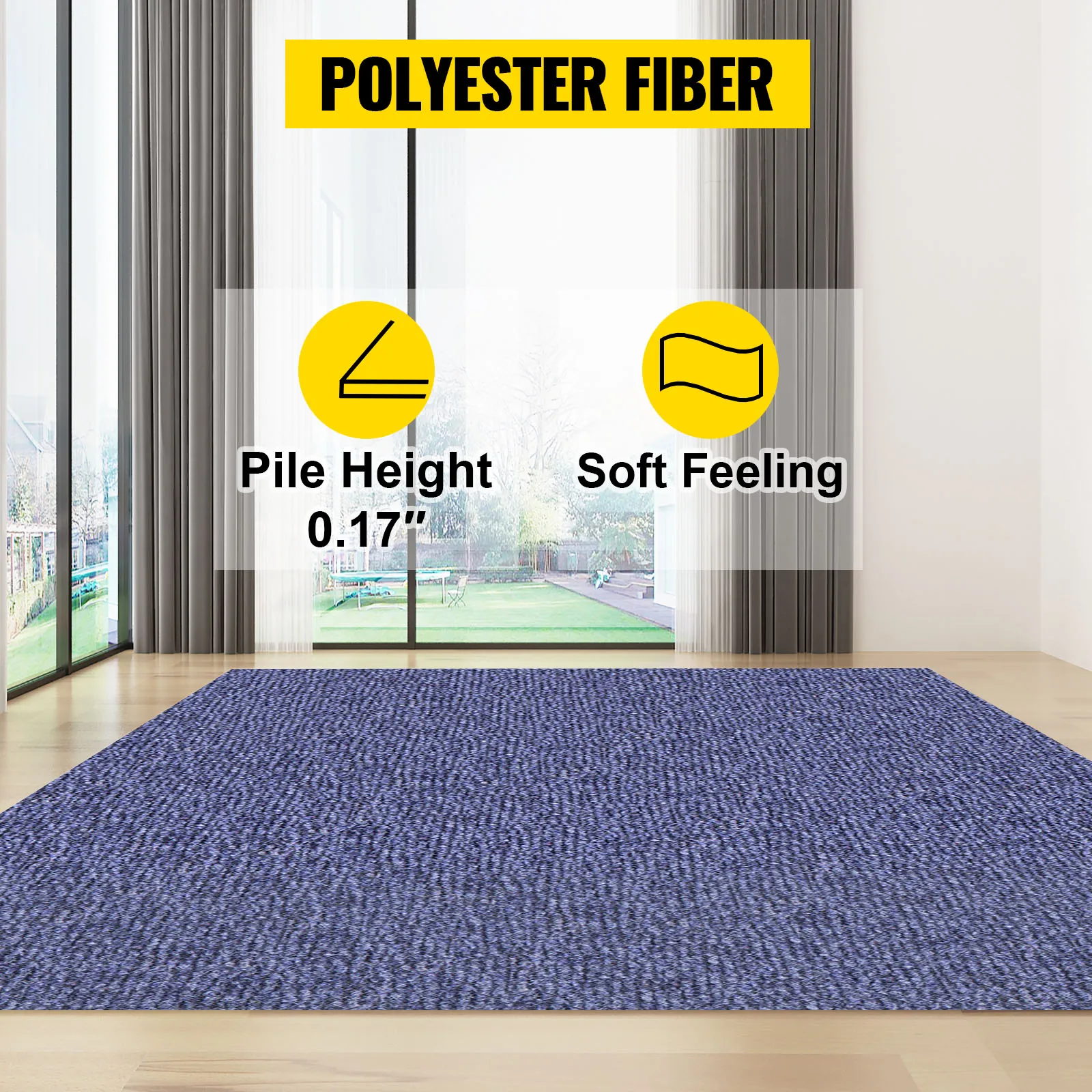 VEVOR marine carpet in blue, polyester fiber, 0.17” pile height, soft texture.