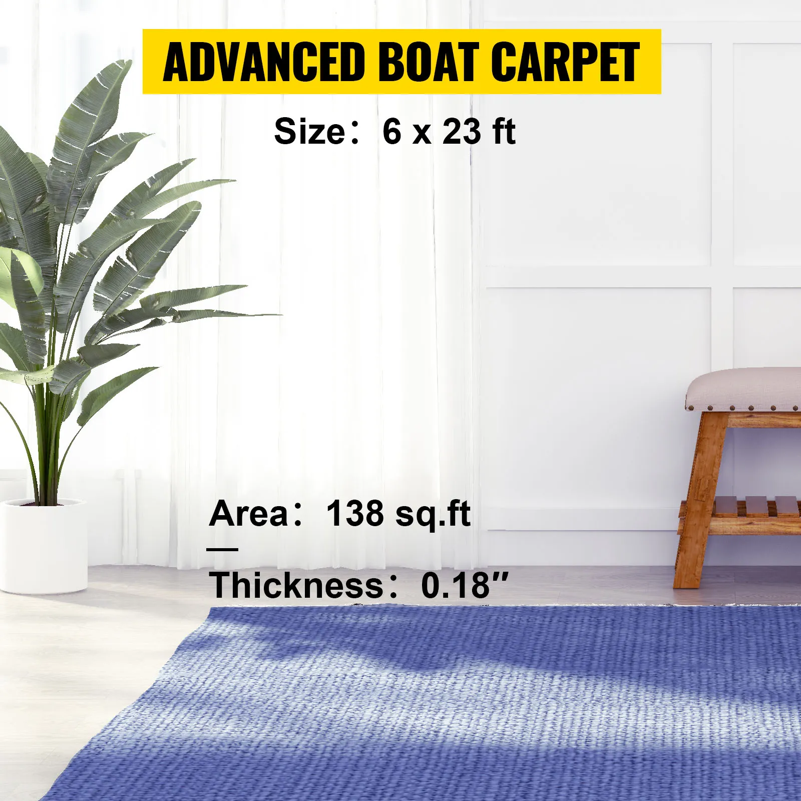 VEVOR marine carpet in a room with a bench and potted plant, size: 6x23 ft, area: 138 sq.ft.