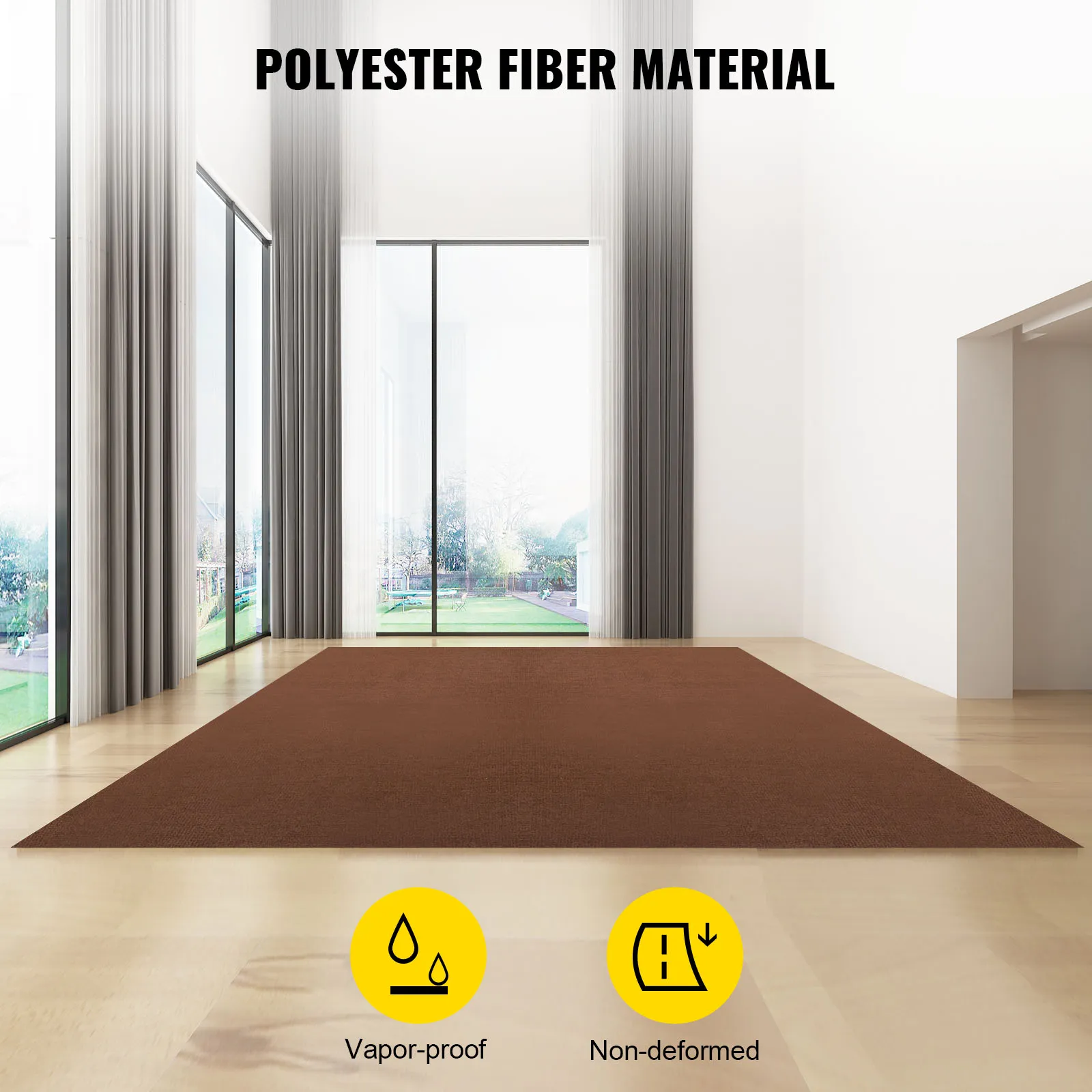 Alfombra marina VEVOR en habitación espaciosa con grandes ventanales, resistente al vapor, no deformada.