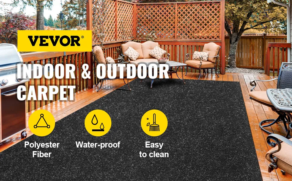 VEVOR marine carpet, waterproof polyester fiber, on a wooden patio with outdoor furniture.