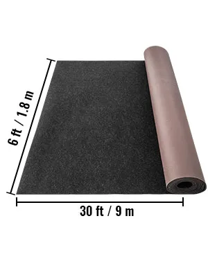 VEVOR marine carpet, 30 ft x 6 ft roll, black, unrolled with dimensions displayed.