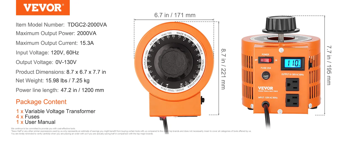 Transformador de tensión VEVOR con salida de 2000va, dimensiones de 8,7x6,7x7,7 pulgadas y pantalla digital.