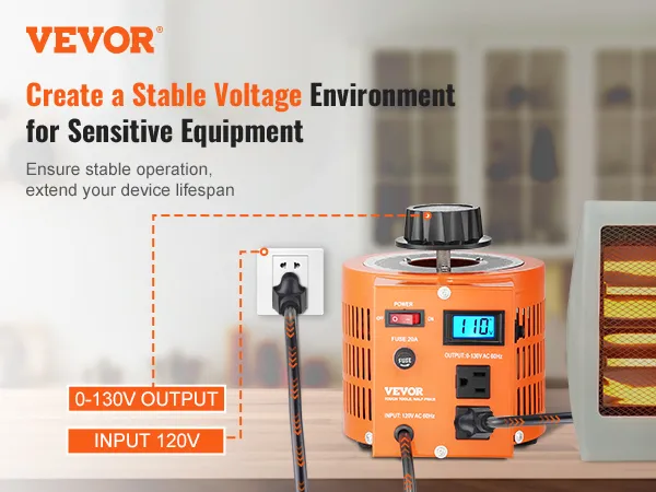 Transformador de voltaje VEVOR que garantiza un funcionamiento estable para equipos sensibles con salida de 0-130 V y entrada de 120 V.