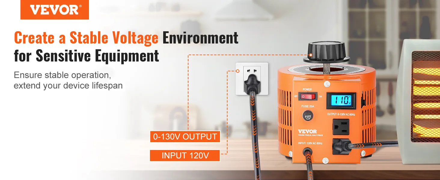 Transformador de voltaje VEVOR que garantiza un funcionamiento estable para equipos sensibles con salida de 0-130 V y entrada de 120 V.