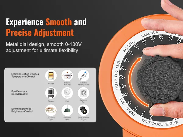 Ajuste suave del transformador de voltaje VEVOR con dial de metal, control de 0-130v para varios dispositivos.