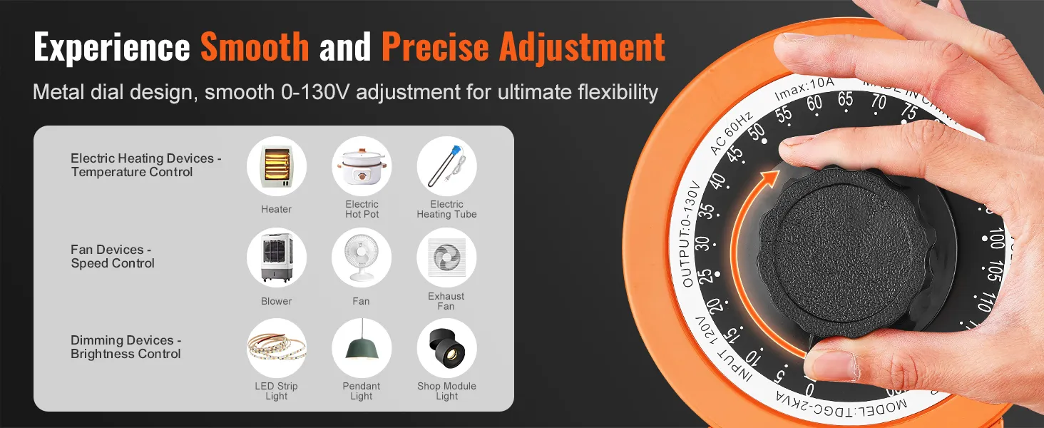 Ajuste suave del transformador de voltaje VEVOR con dial de metal, control de 0-130v para varios dispositivos.