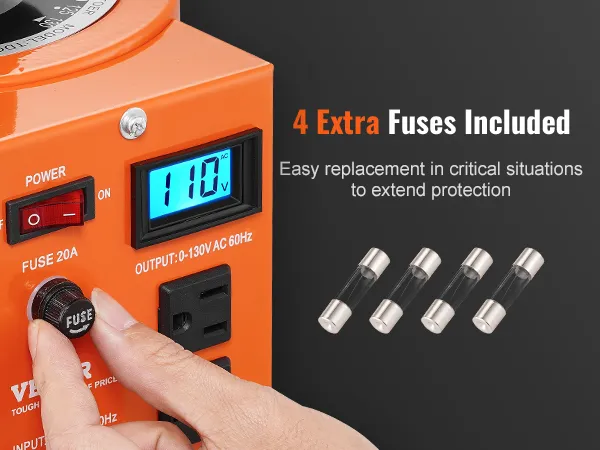 Transformador de voltaje VEVOR naranja con pantalla LCD, interruptor de encendido y 4 fusibles adicionales incluidos para protección.