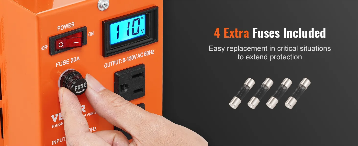 Transformador de voltaje VEVOR naranja con pantalla LCD, interruptor de encendido y 4 fusibles adicionales incluidos para protección.