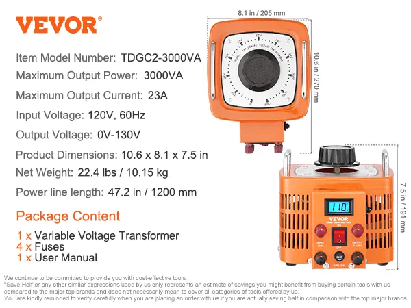 Transformador de voltaje VEVOR tdgc2-3000va, 3000va, 23a, 10,6x8,1x7,5in, 22,4lbs, entrada: 120v, salida: 0-130v.