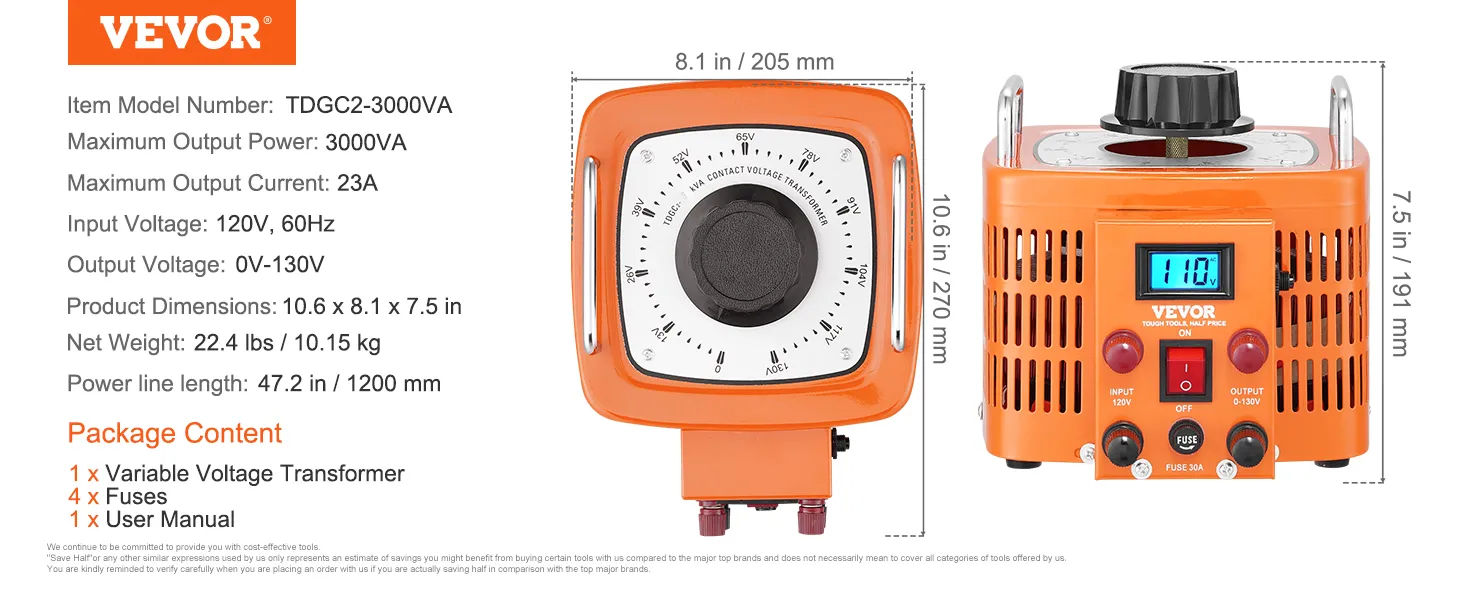 Transformador de voltaje VEVOR tdgc2-3000va, 3000va, 23a, 10,6x8,1x7,5in, 22,4lbs, entrada: 120v, salida: 0-130v.