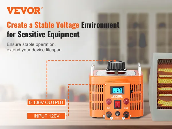 Transformador de voltaje VEVOR que garantiza un funcionamiento estable para equipos sensibles con salida de 0-130 V, entrada de 120 V.