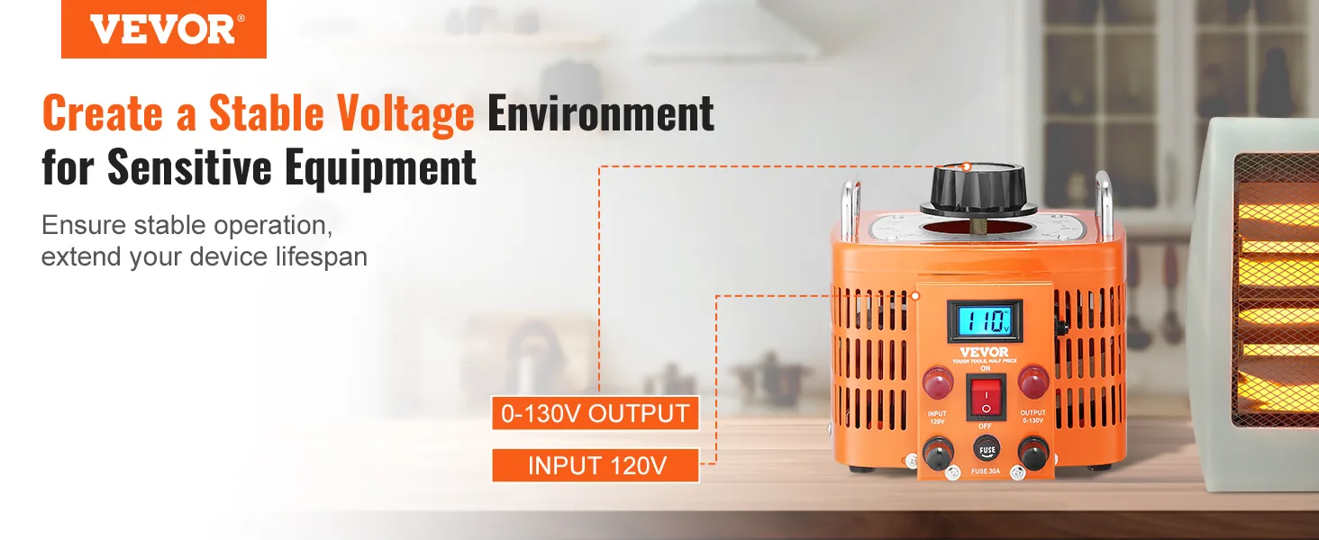 Transformador de voltaje VEVOR que garantiza un funcionamiento estable para equipos sensibles con salida de 0-130 V, entrada de 120 V.