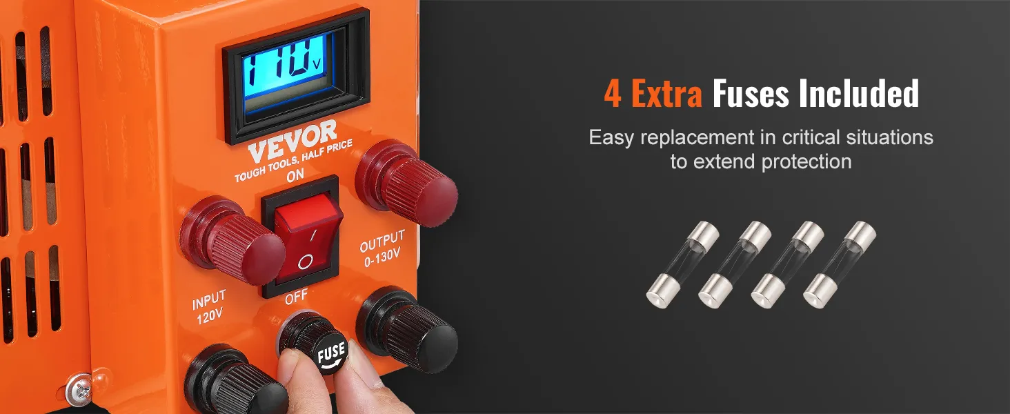 Transformador de voltaje VEVOR naranja con 4 fusibles adicionales incluidos para un fácil reemplazo y una mayor protección.