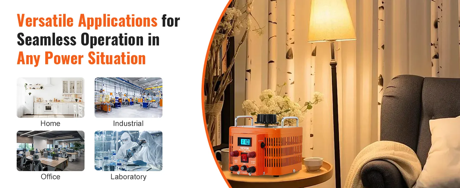 Transformador de voltaje VEVOR para aplicaciones domésticas, industriales, de oficina y de laboratorio. Versátil y eficiente.