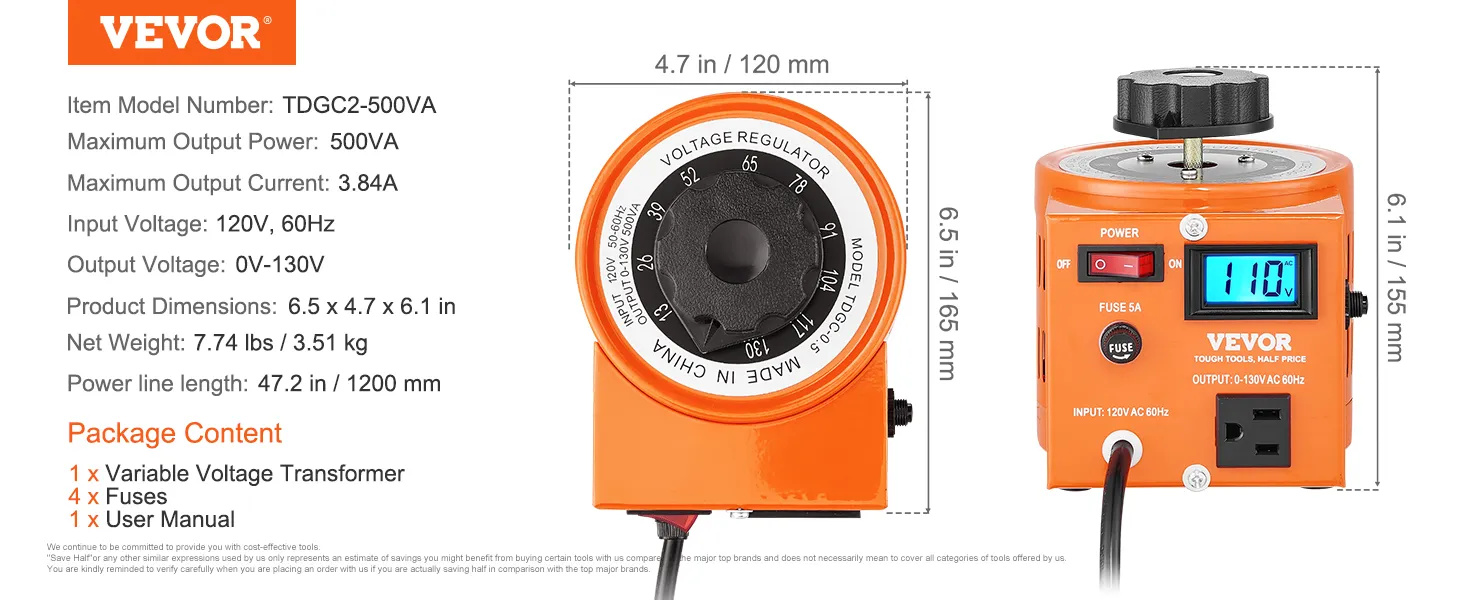 VEVOR voltage transformer tdgc2-500va with digital display, dimensions, and specifications shown.
