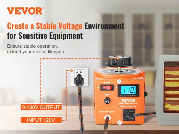 VEVOR voltage transformer for stable voltage, 120v input, 0-130v output, digital display.