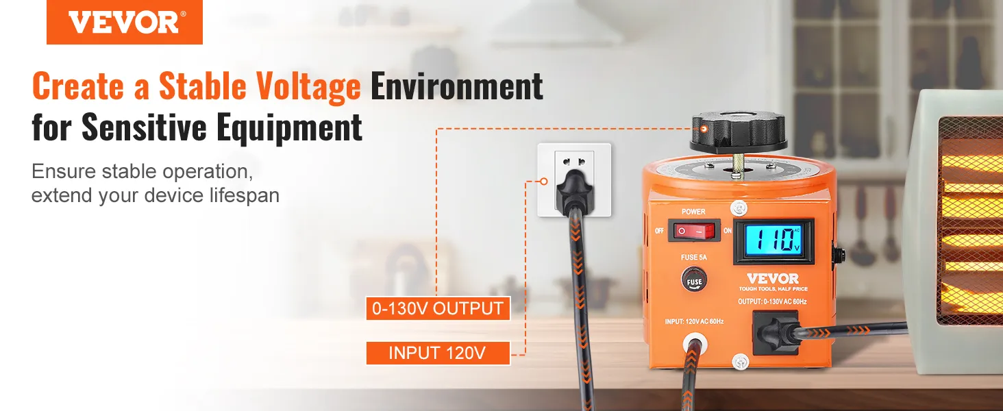 VEVOR voltage transformer for stable voltage, 120v input, 0-130v output, digital display.