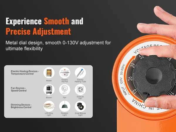 VEVOR voltage transformer with metal dial for 0-130v adjustment, controlling various heating, fan, and lighting devices.