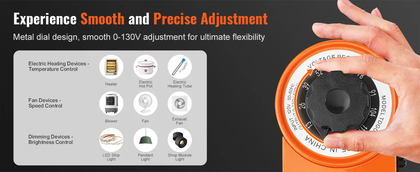 VEVOR voltage transformer with metal dial for 0-130v adjustment, controlling various heating, fan, and lighting devices.