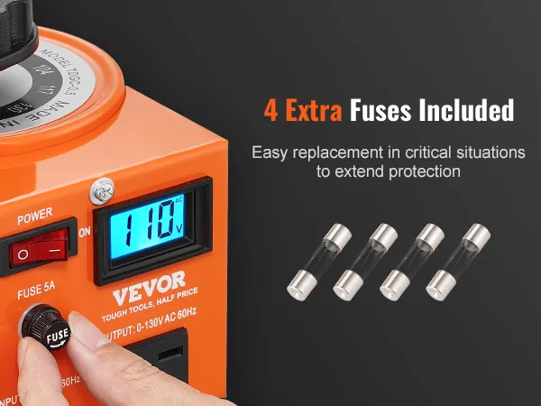 VEVOR voltage transformer with digital display, power switch, and fuse. includes 4 extra fuses for protection.