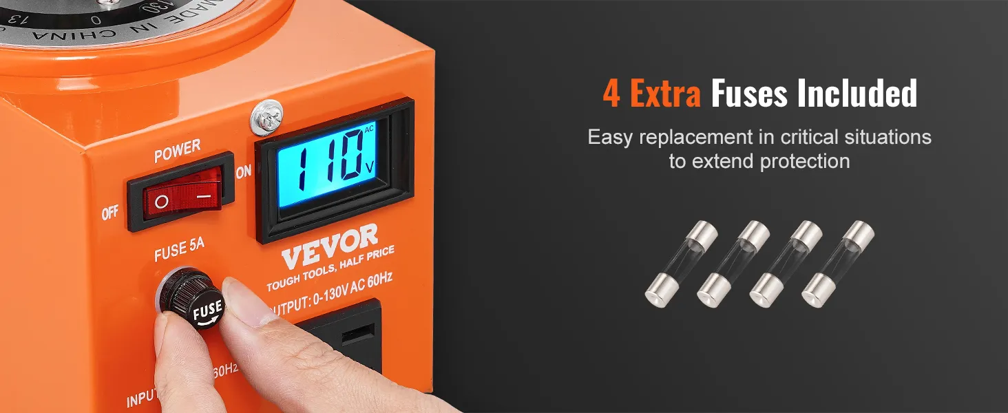VEVOR voltage transformer with digital display, power switch, and fuse. includes 4 extra fuses for protection.