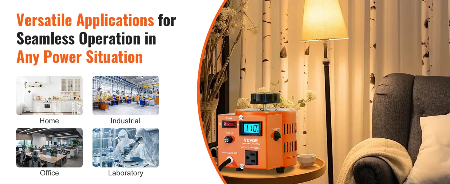 VEVOR voltage transformer for versatile applications in home, industrial, office, and laboratory settings.