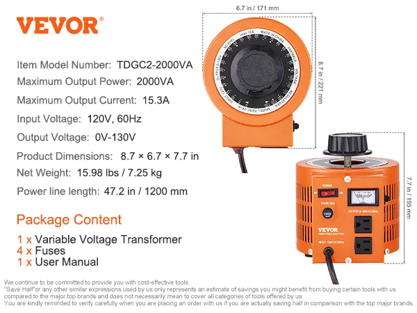 Transformador de voltaje VEVOR tdgc2-2000va, 2000va, 15,3a, entrada 120v, salida 0-130v. dimensiones 8,7"x6,7"x7,7".
