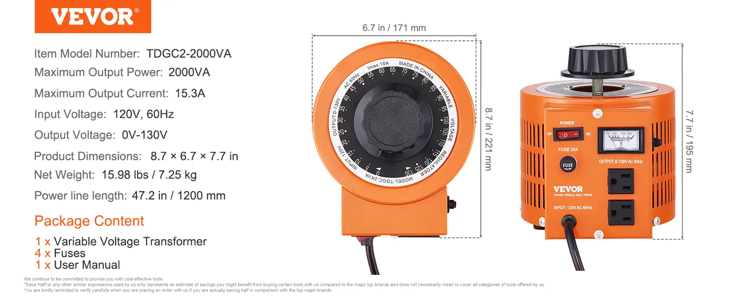 Transformador de voltaje VEVOR tdgc2-2000va, 2000va, 15,3a, entrada 120v, salida 0-130v. dimensiones 8,7"x6,7"x7,7".