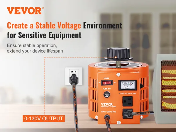 Transformador de voltaje VEVOR que garantiza un voltaje estable para equipos sensibles con salida de 0-130v.