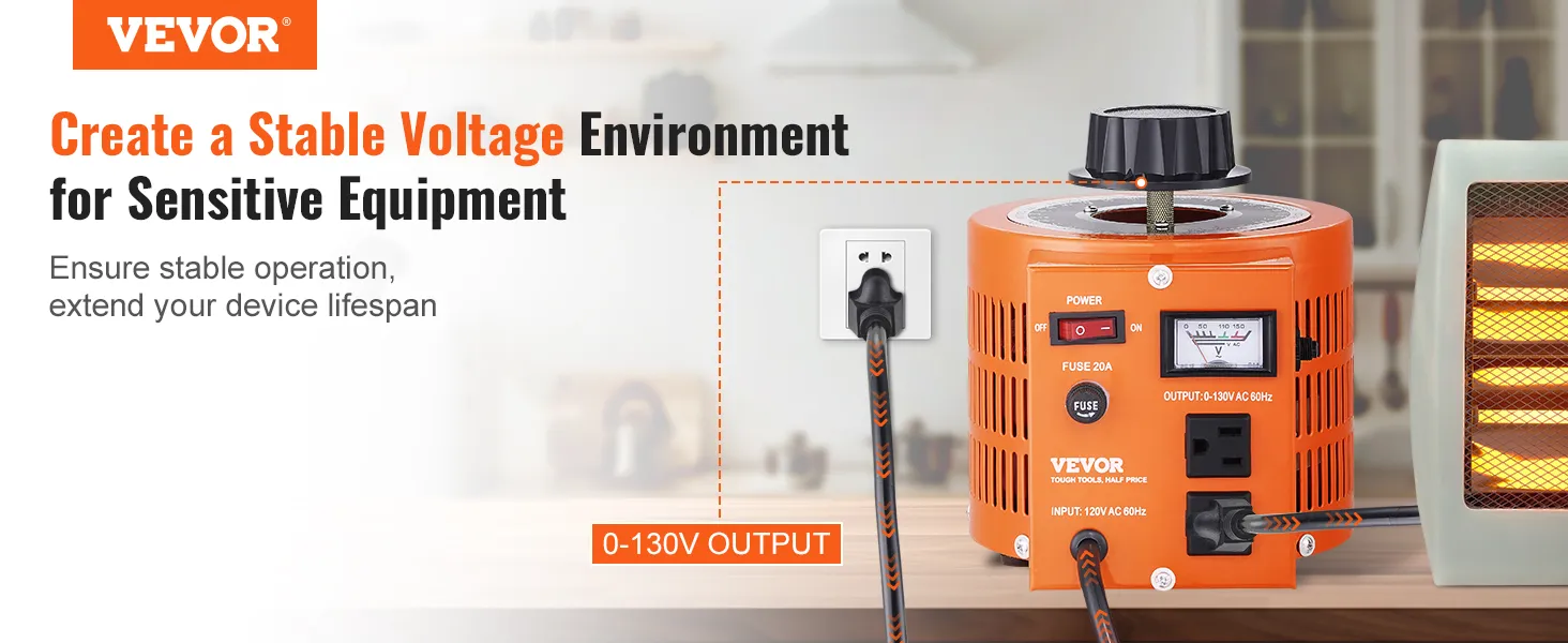 Transformador de voltaje VEVOR que garantiza un voltaje estable para equipos sensibles con salida de 0-130v.