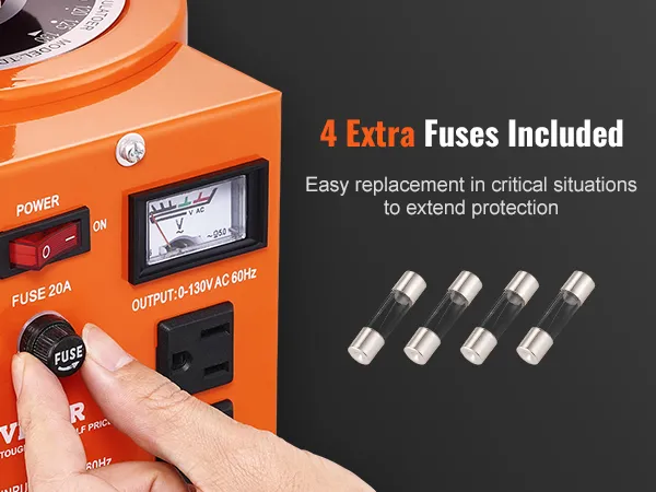 Transformador de voltaje VEVOR con interruptor de encendido, medidor de voltaje, botón de fusible y 4 fusibles adicionales incluidos.