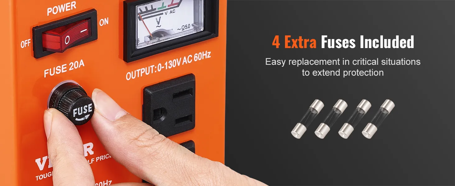 Transformador de voltaje VEVOR con interruptor de encendido, medidor de voltaje, botón de fusible y 4 fusibles adicionales incluidos.
