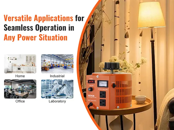 Transformador de voltaje VEVOR para aplicaciones versátiles en entornos domésticos, industriales, de oficina y de laboratorio.