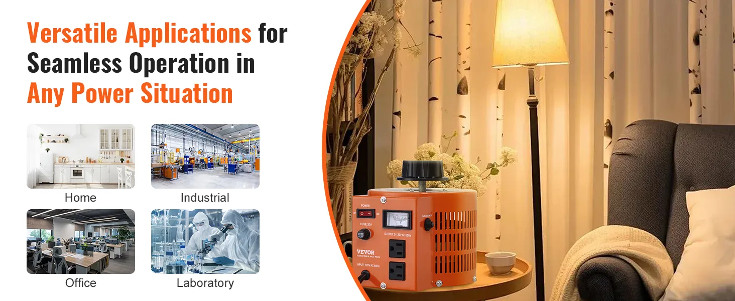 Transformador de voltaje VEVOR para aplicaciones versátiles en entornos domésticos, industriales, de oficina y de laboratorio.