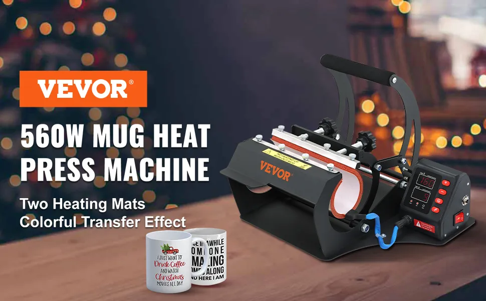 Máquina de prensado térmico de tazas VEVOR sobre una mesa con dos tazas personalizables.