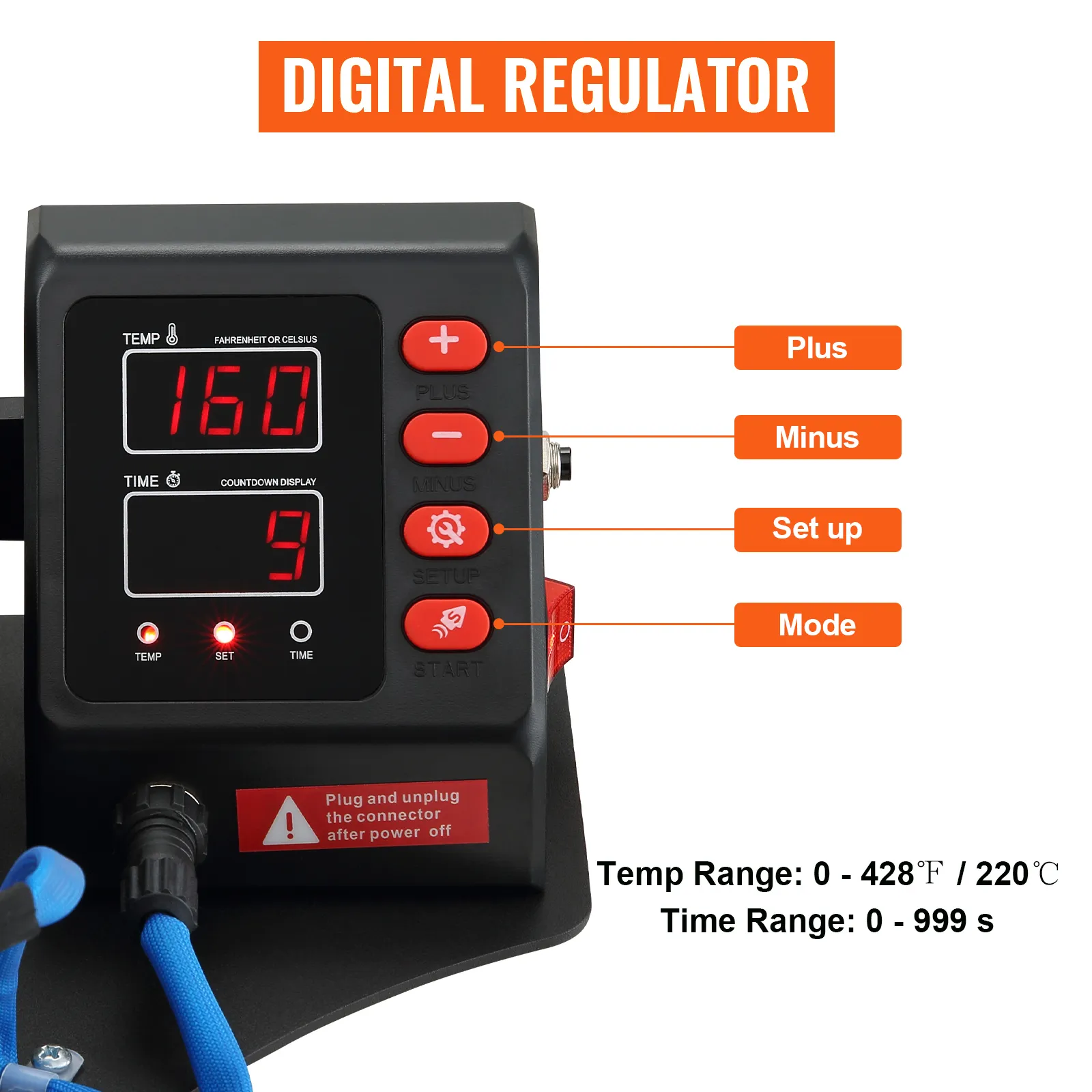 Regulador digital de prensa de calor para tazas VEVOR con configuraciones de temperatura y tiempo.