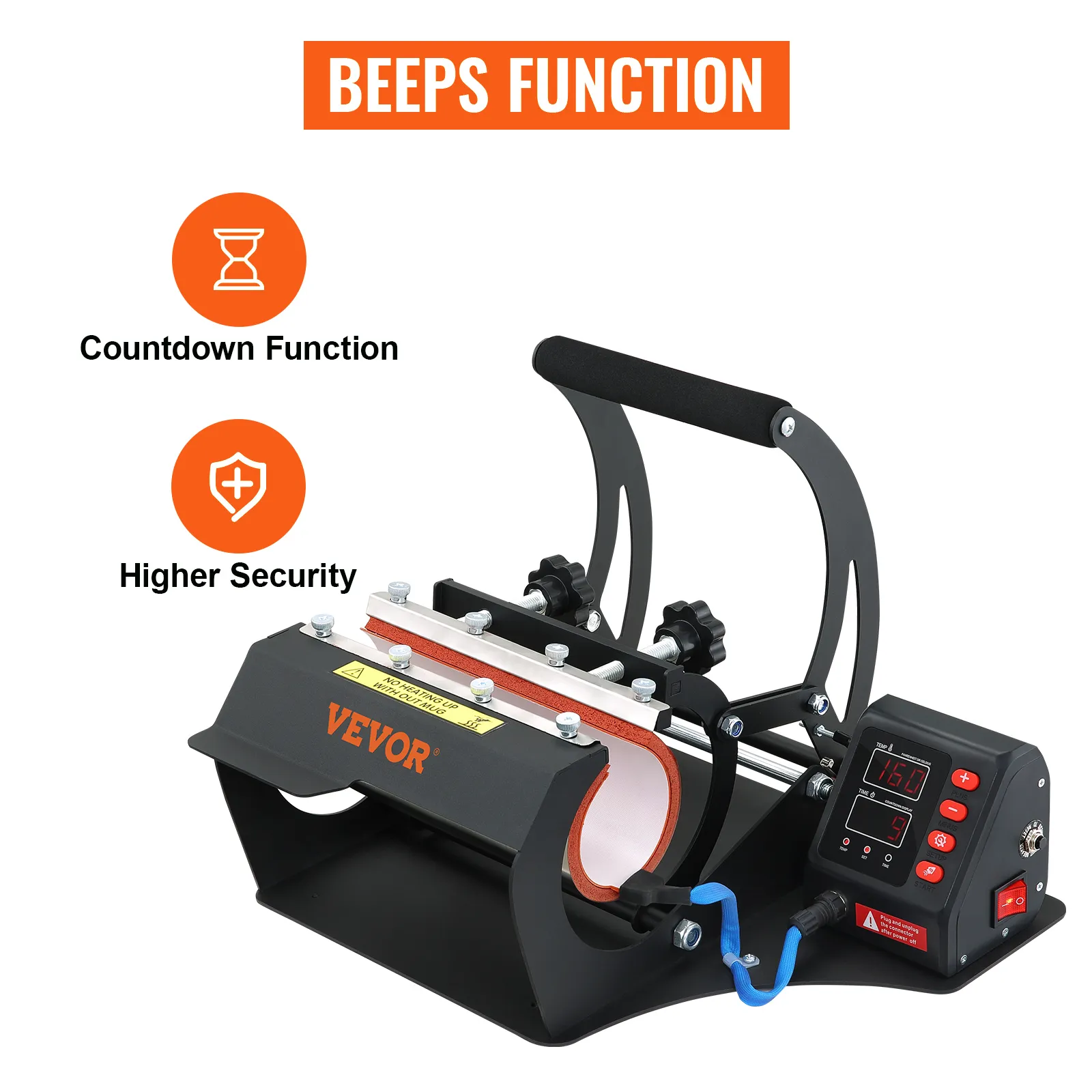 Prensa térmica para tazas VEVOR con función de pitidos, temporizador de cuenta regresiva y mayor seguridad.