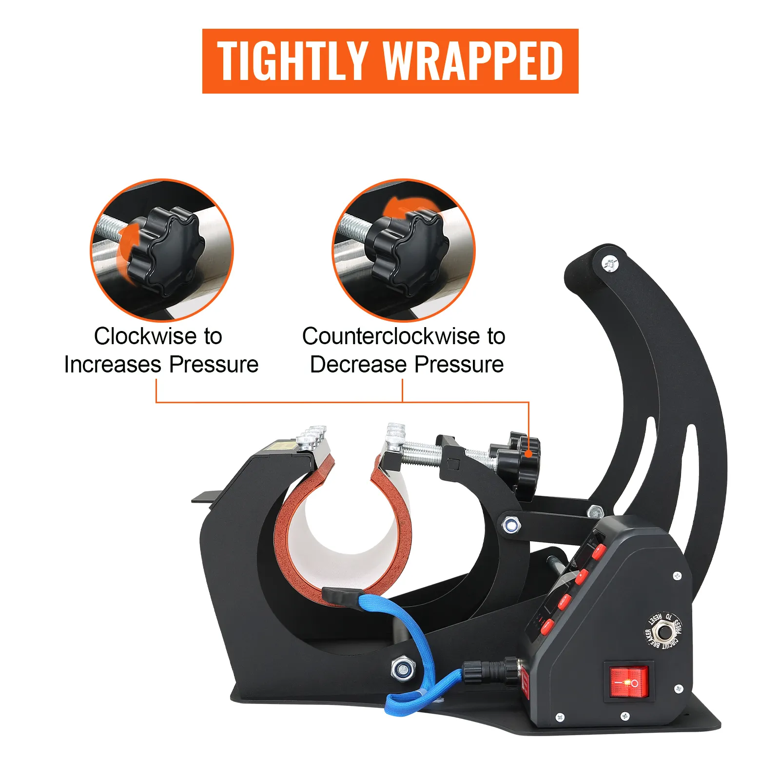 Perillas de ajuste de presión en la prensa térmica de tazas VEVOR para una impresión bien envuelta.