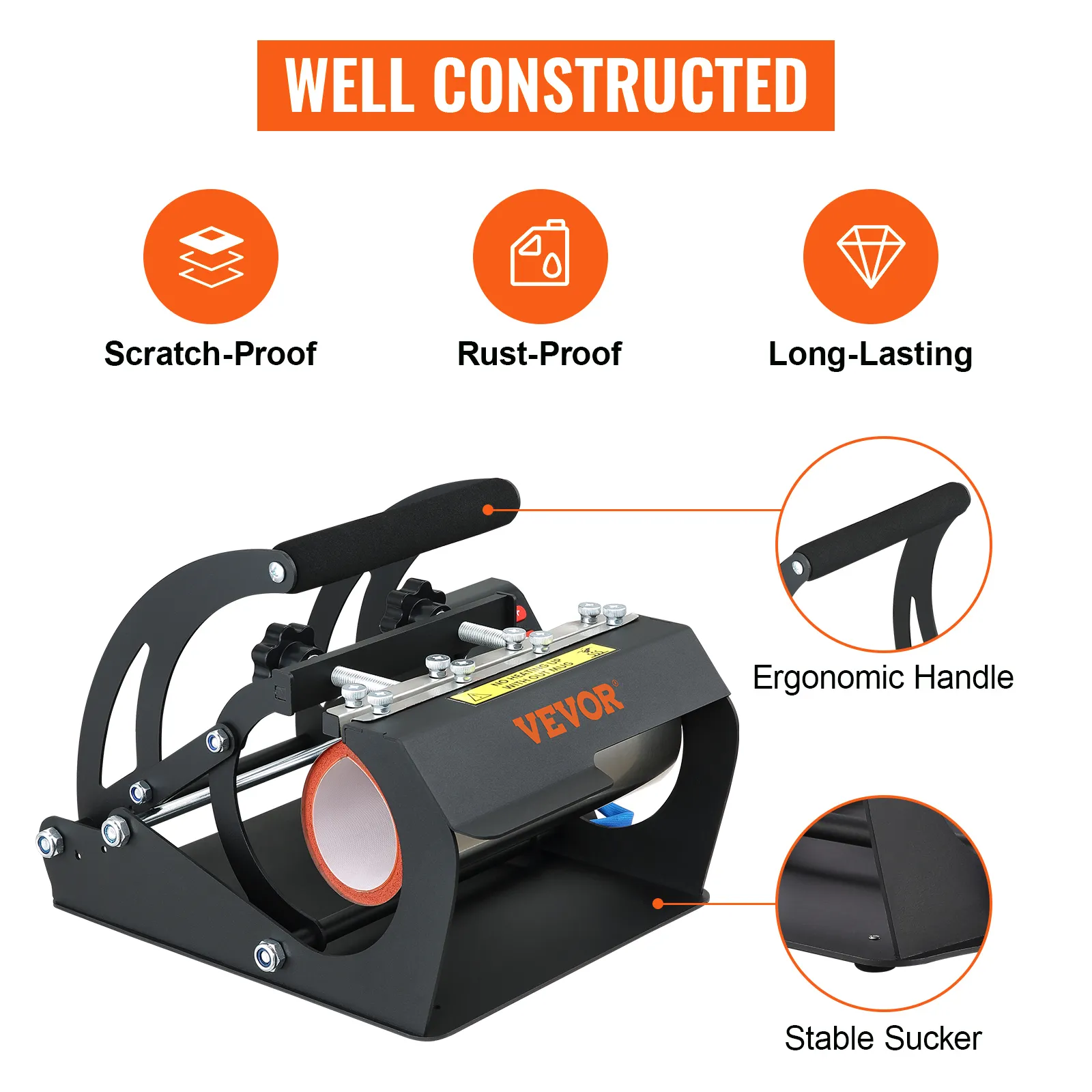 Prensa térmica para tazas VEVOR con mango ergonómico, ventosa estable, resistente a arañazos y a prueba de óxido.